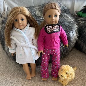 2 American Girl Dolls plus Dog
